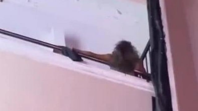 Người phụ nữ chịch trên tòa nhà tại phố đi bộ .